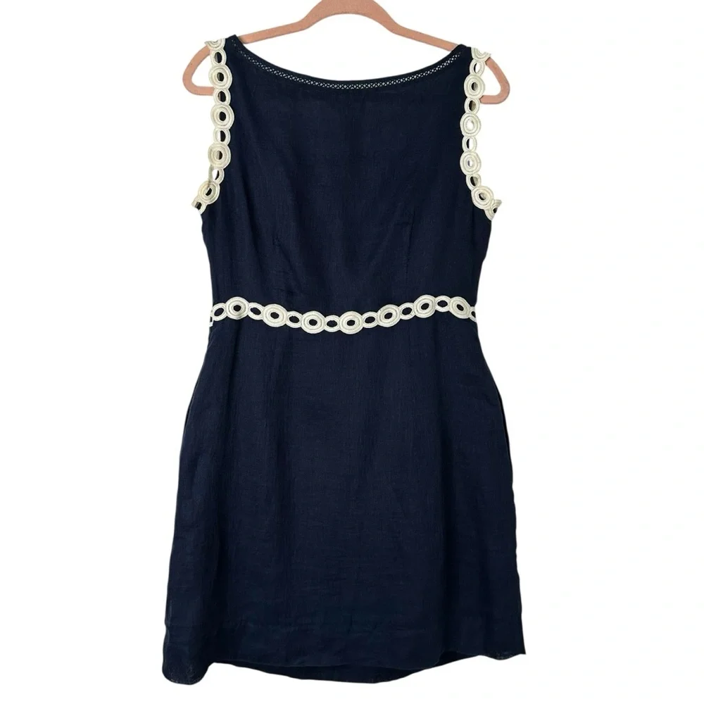 TORY‎ BURCH Linen Dress Navy Blue White Appliqué Eyelet Resort Coastal Chic Sz 6